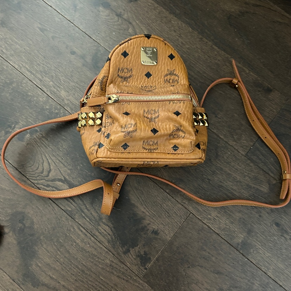 MCM Cognac Visetos Mini Backpack with Gold Hardware